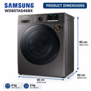 Samsung Used  8 Kg Washer 6 Kg Dryer, Front Load Washing Machine, Digital Inverter Motor, 1400 RPM, Color Grey Model – WD80TA046BX